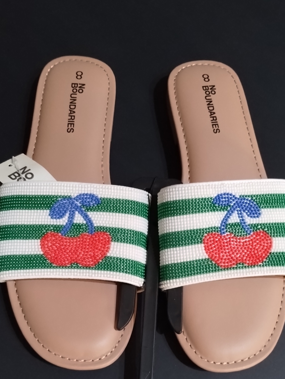 No Boundaries Pink Slide Sandals with Beaded Cherry Strap